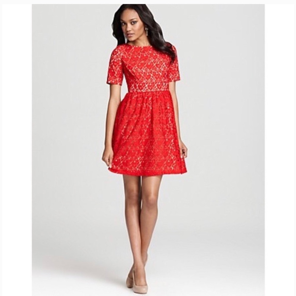 Adrianna Papell Red Lace Fit and Flare Homecoming Dress- Size 8P